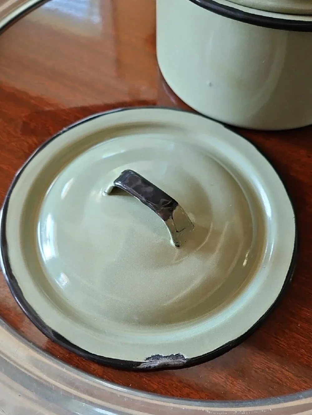Vintage Green Enamelware Double Boiler 3-Piece Set with Lid - Farmhouse Decor